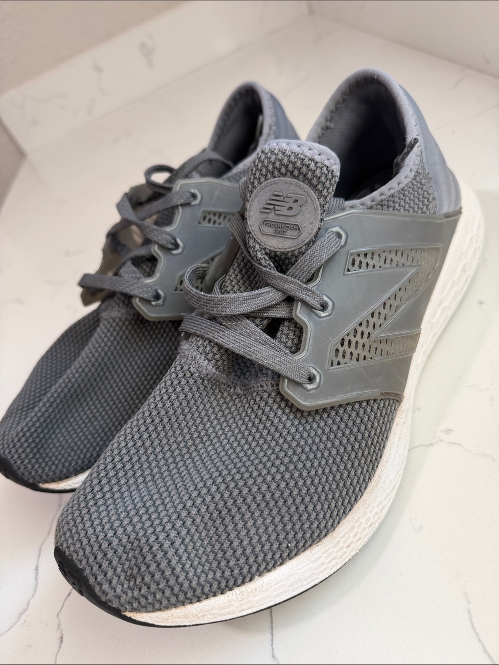 New Balance Men's Grey Knit Athletic Sneakers with White Sole